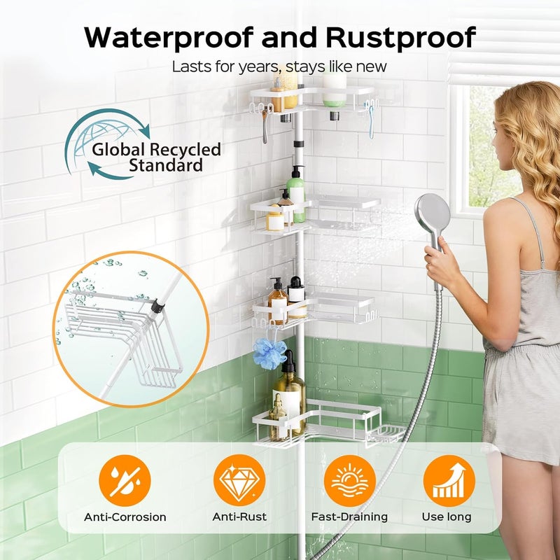 HAMITOR Corner Shower Caddy White: 4-Tier Rustproof Bathroom Bathtub Organizer Shelf with Soap Holder & Hooks - No-Drill Adjustable Standing Tension Pole Rack for Apartment Renters - 47-123 Inch - Image 2
